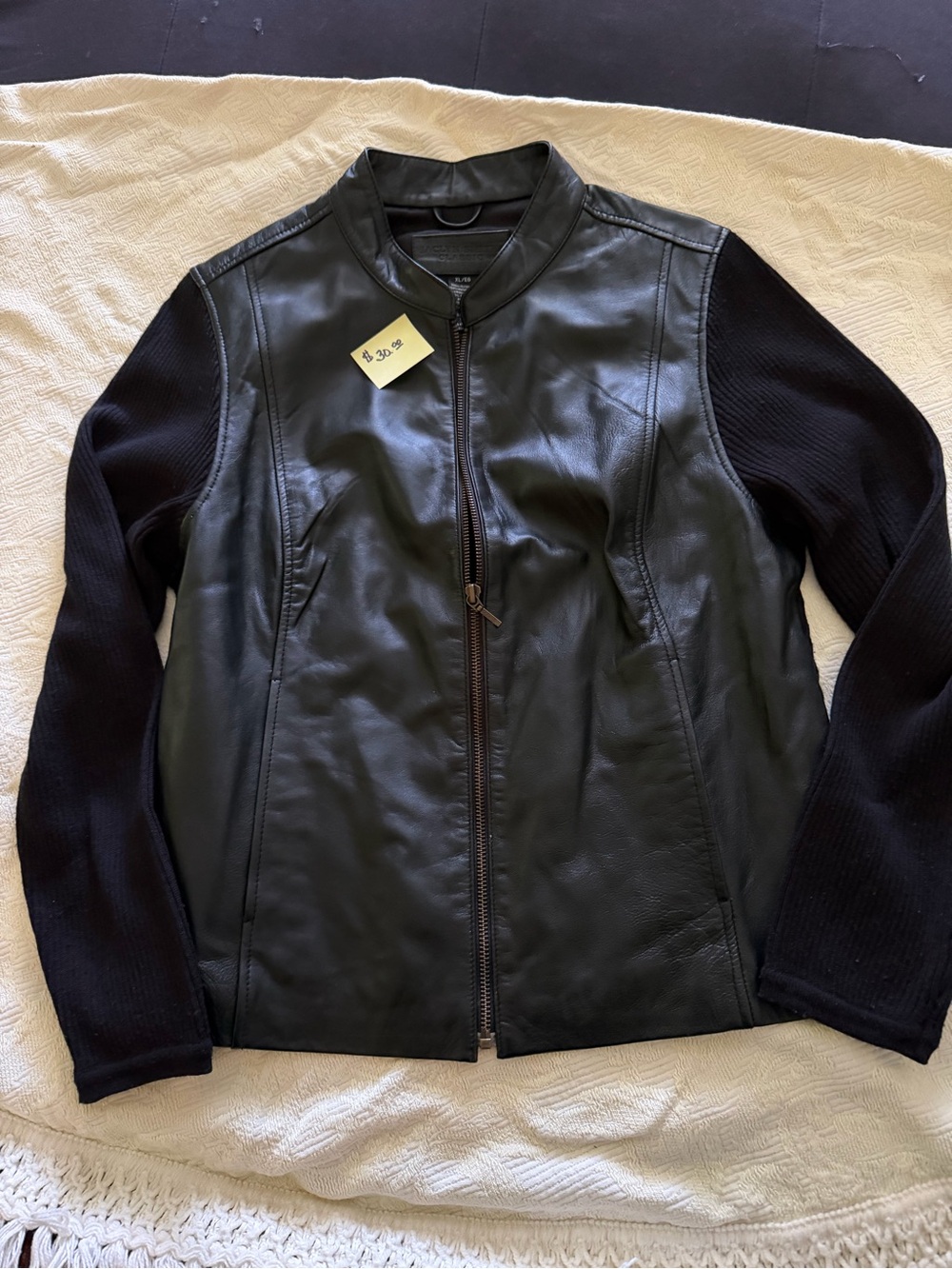 Jacklyn Smith Black Leather Bomber Jacket with Knit Black Sleeves and Back